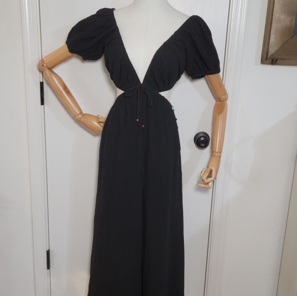 ASTR The Label Black Cotton Wide-Leg 100% Cotton Jumpsuit Size Small Puff Sleeve - Picture 2 of 13
